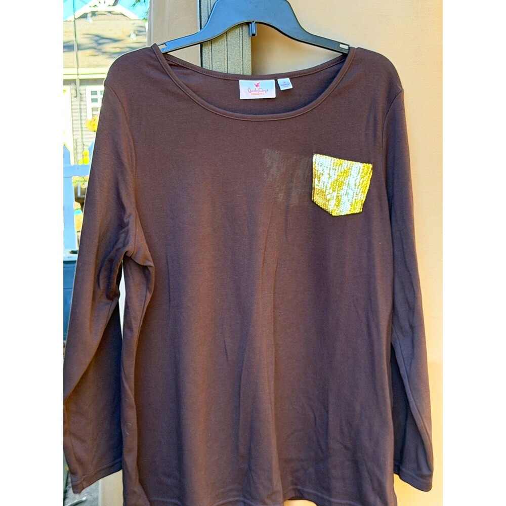 Quacker Factory by Jeanne Bice Womens 1X Brown Scoop Neck Knit Sequin Pocket